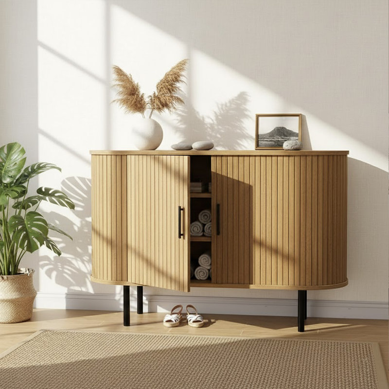 Buffet à portes coulissantes cannelées avec tablettes réglables, meuble télé et rangement polyvalent