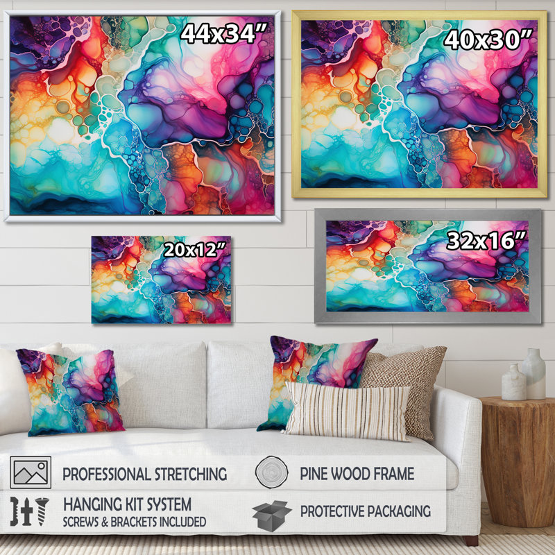 Arc-en-ciel bleu sarcelle et encre mauve Alchohol - formes abstraites, art mural salon, Cadre flottant noir