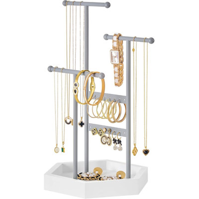 Jewelry Holder, Jewelry Organizer, 3 Tiers And 1 Tray, Jewelry Display Stand With Metal Frame, Necklace Earring Bracelet Holder, For Rings, Dove Gray And Cloud White