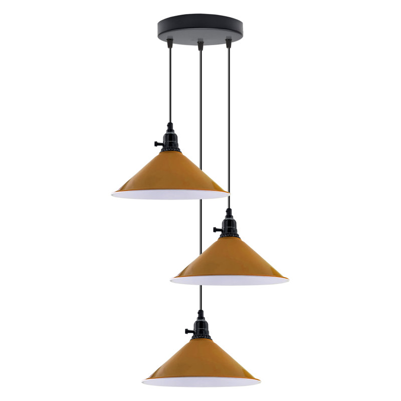 3-Light Cone Pendant Light – Industrial Kitchen Island Ceiling Fixture with Adjustable Height & E27 Bulbs, Yes, Yellow