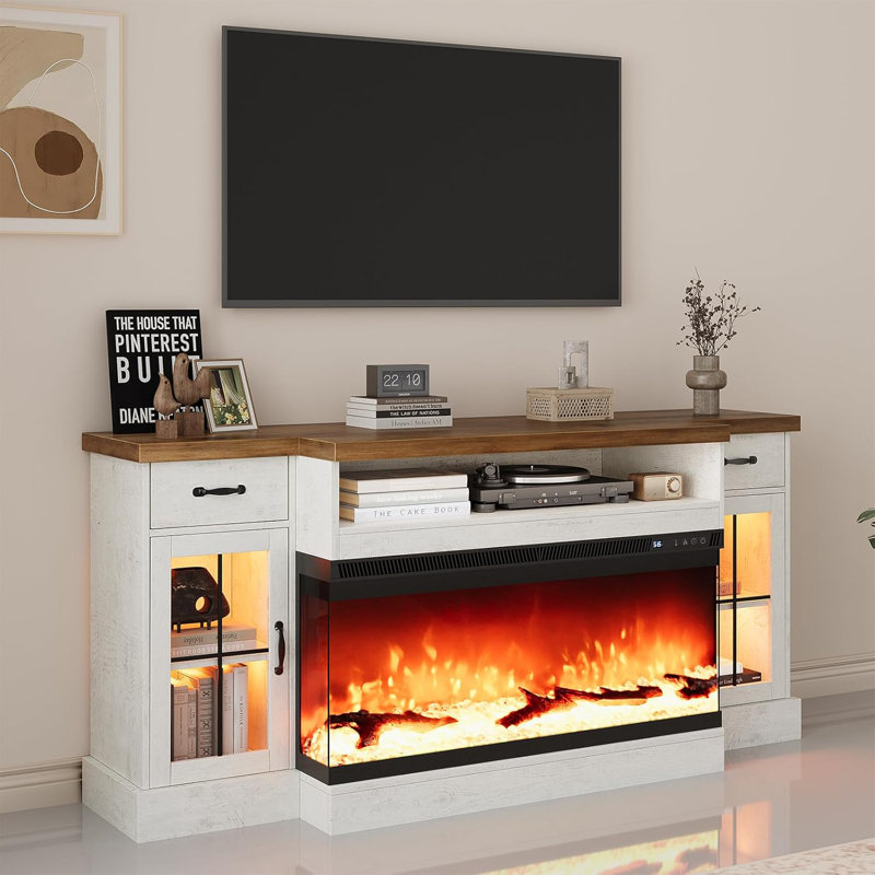 Fireplace TV Stand With Glass Doors, Fireplace TV Stand With 40" Electric Fireplace For 80" TV, 70" Entertainment Center With Adjustable Storage Cabinets, LED Lights, TV Stands For Living Room