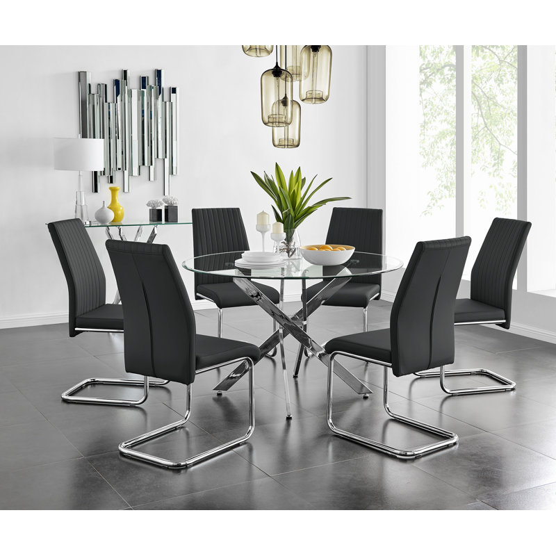 Tierra Modern Chrome Metal & Glass Round Dining Table Set with 6 Upholstered Faux Leather Chairs, Black