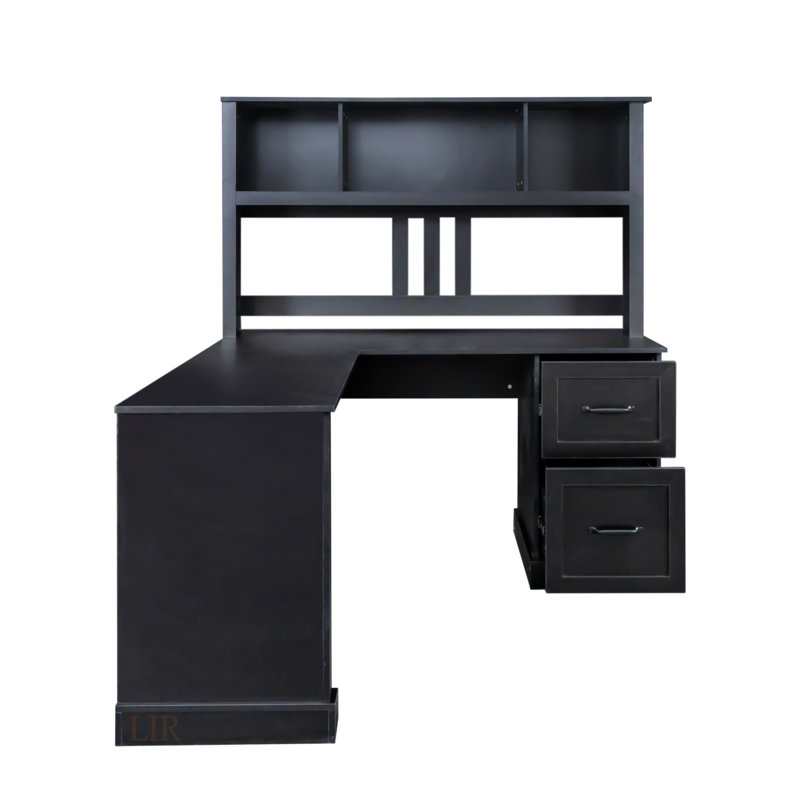 Antiqued Black Home Office Computer Desk With Hutch, Ample Storage And Large Working Space For Organized Efficiency, Black