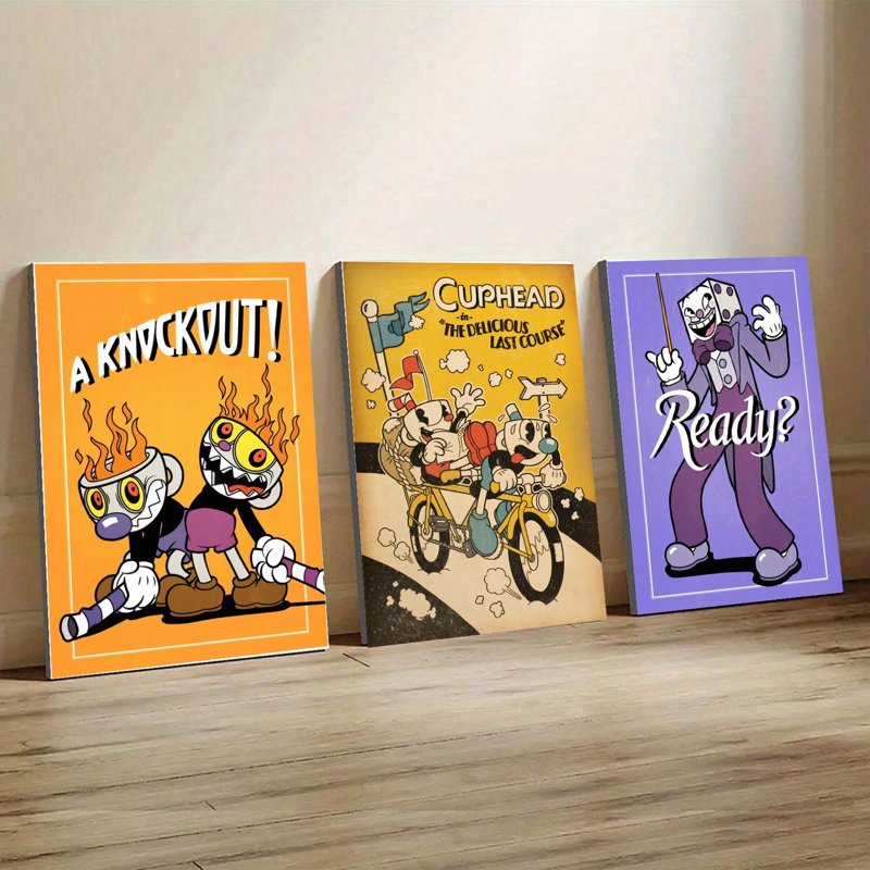 Ensemble de 3 affiches murales encadrées « Cuphead : Le délicieux dernier plat », style vintage, avec Cuphead, Mugman et King Dice. Décoration idéale pour une salle de jeux. Impressions d'art dessin animé nostalgiques.