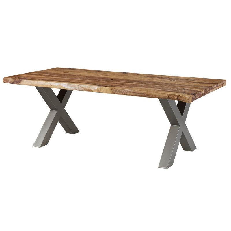 Solid Wood Top Metal Base Dining Table, 77 cm H x 180 cm L x 90 cm D, Silver, Beige