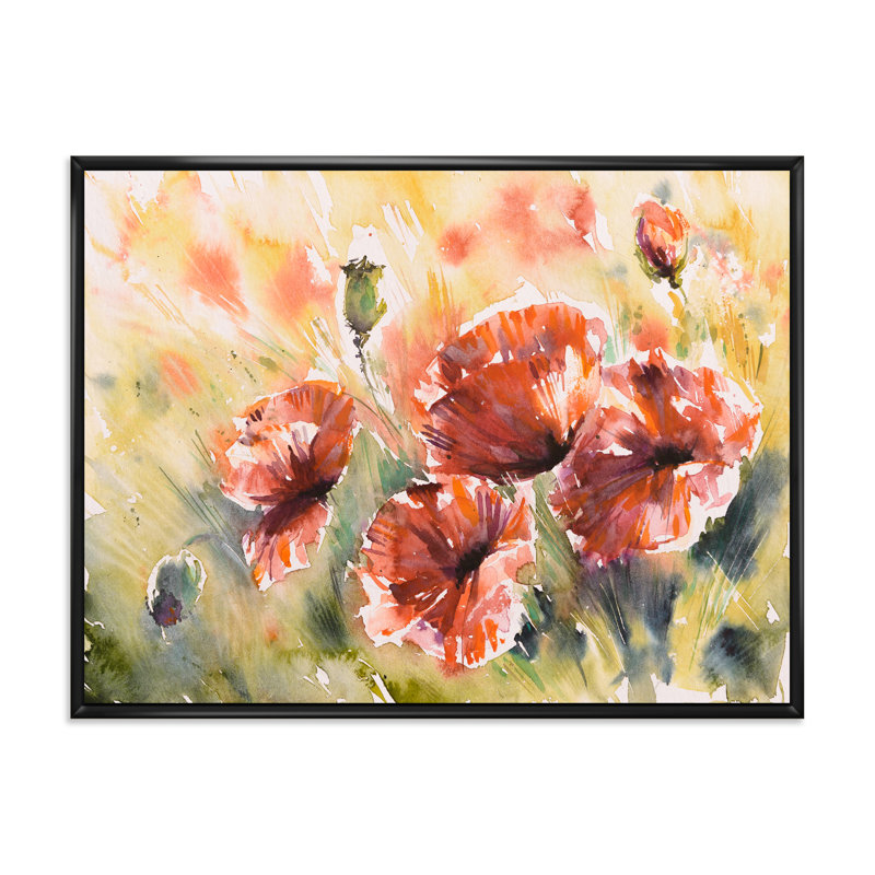 Coquelicot rouge sur un champ - peinture sur toile, Toile encadrée noire, H 24 po x l 32 po x P 1 po