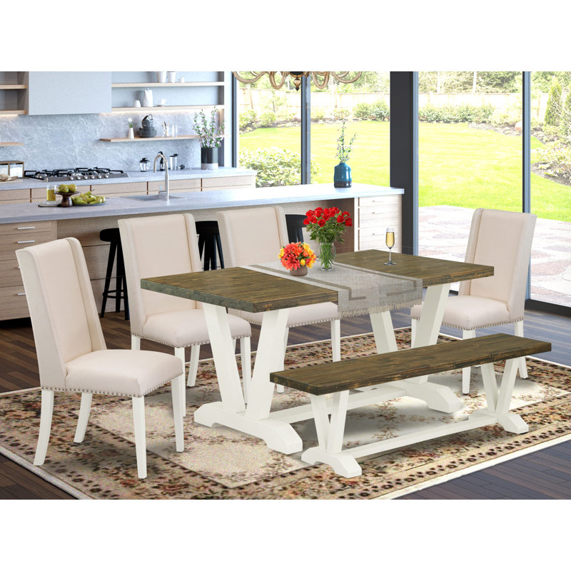 Ensemble de table de salle à manger 6 pièces avec table de salle à manger Jacobean patinée et banc en bois - 4 pièces de tissu en lin crème brossé blanc Parson