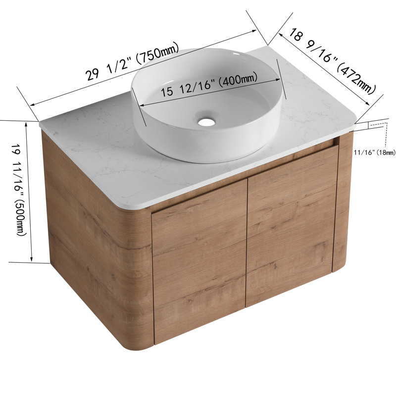 Meuble-lavabo flottant simple 30 po avec lavabo d'art en céramique, meuble-lavabo mural avec 2 portes à fermeture douce