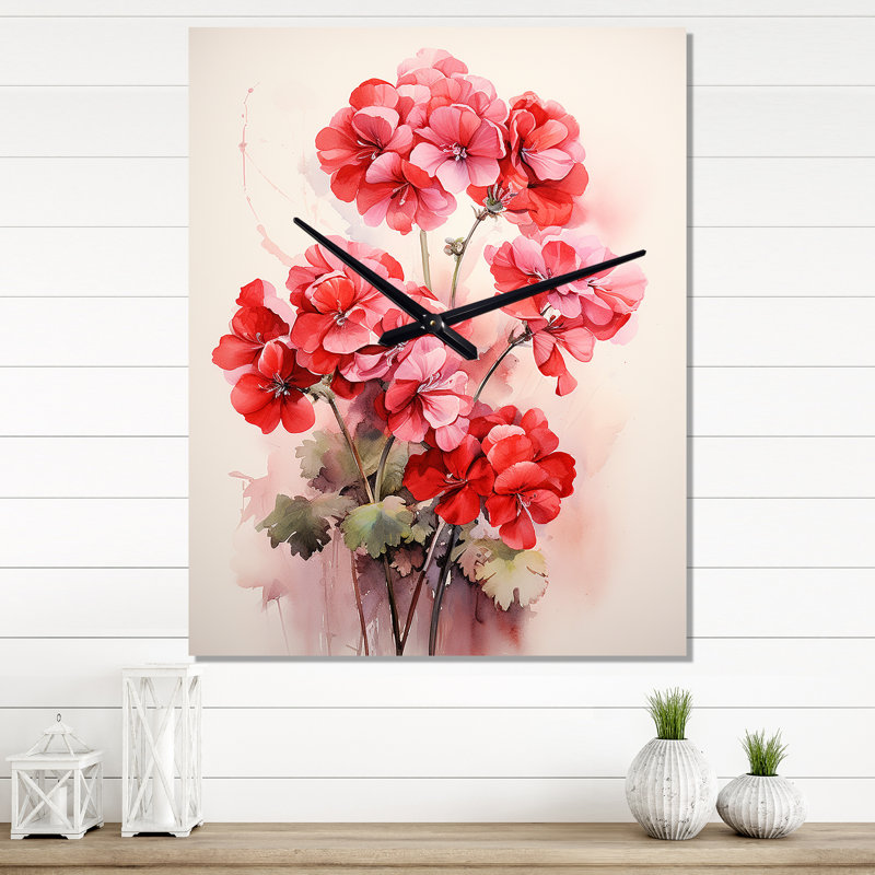 Geraniums roses gracieuses I - Très grandes horloges murales florales, H 28 po x l 12 po x P 1 po