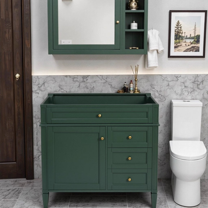 Armoire de meuble-lavabo moderne 36 po sans lavabo, structure en bois massif vert avec 2 tiroirs, tiroir coulissant et porte d'armoire, rangement autoportant pour les essentiels de salle de bain