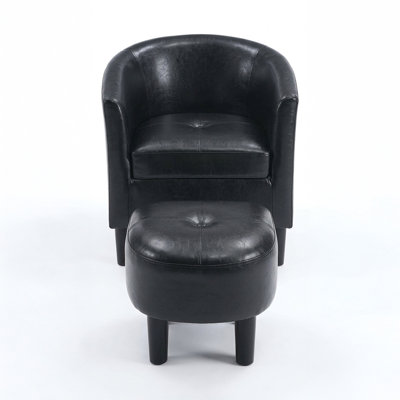 Modern Upholstered Black Faux Leathr Accent Chair with Ottoman