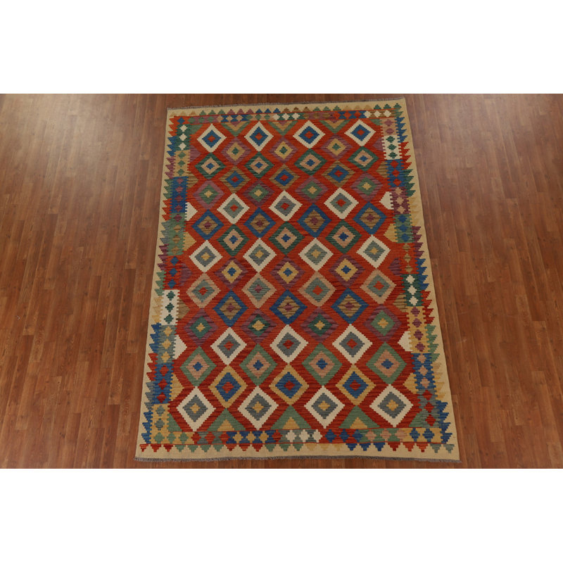 Tapis orange / rouille géométrique en laine tissé à plat à la main et rectangulaire 6 pi 7 po x 9 pi 5 po