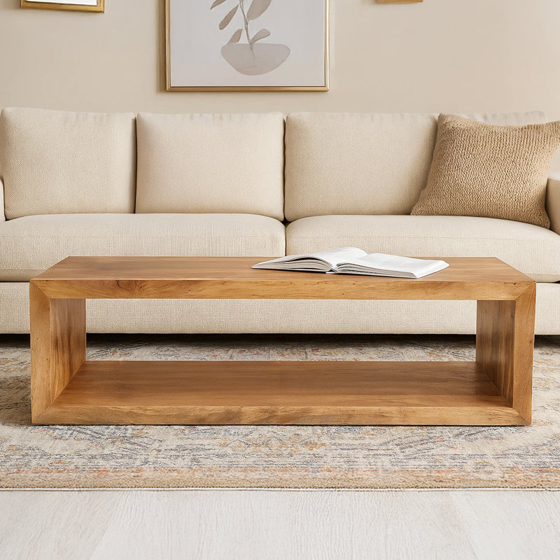 Keli Walpole 58 Inch Cube Shaped Wooden Coffee Table with Open Bottom Shelf, Natural Brown