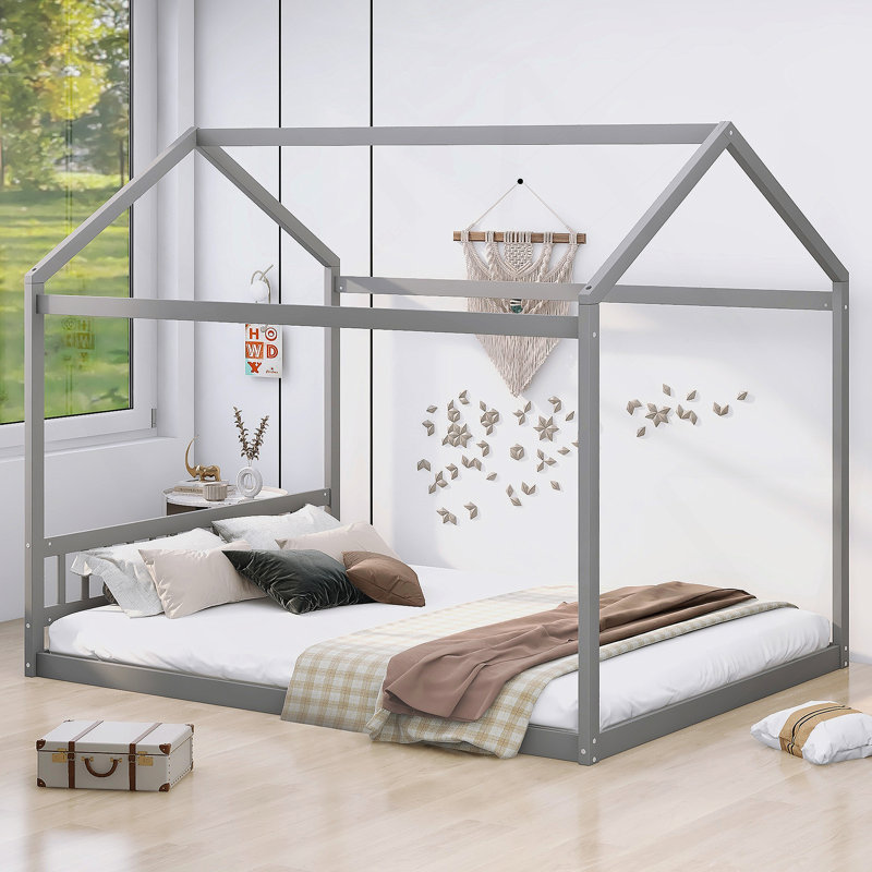 Wooden House Bed With Headboard, Gray