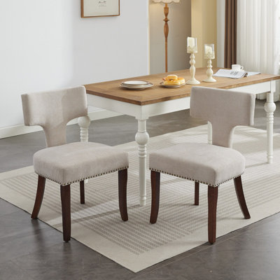 Ensemble de chaises de salle à manger de style Mid-Century moderne, ensemble de 2 chaises d'appoint rembourrées en tissu de lin ferme avec dossier en cuivre, chaises de cuisine avec structure en bois franc