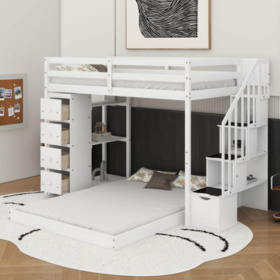 Lit superposé simple au dessus d'un lit double avec tablettes à 3 niveaux, tiroirs et escalier de rangement