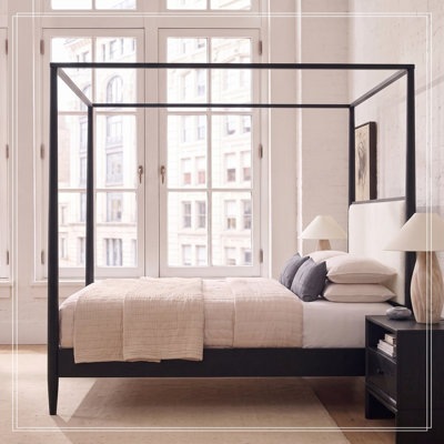 Queen Size Wood Canopy Randwick Frame with Boucle Upholstered Headboard