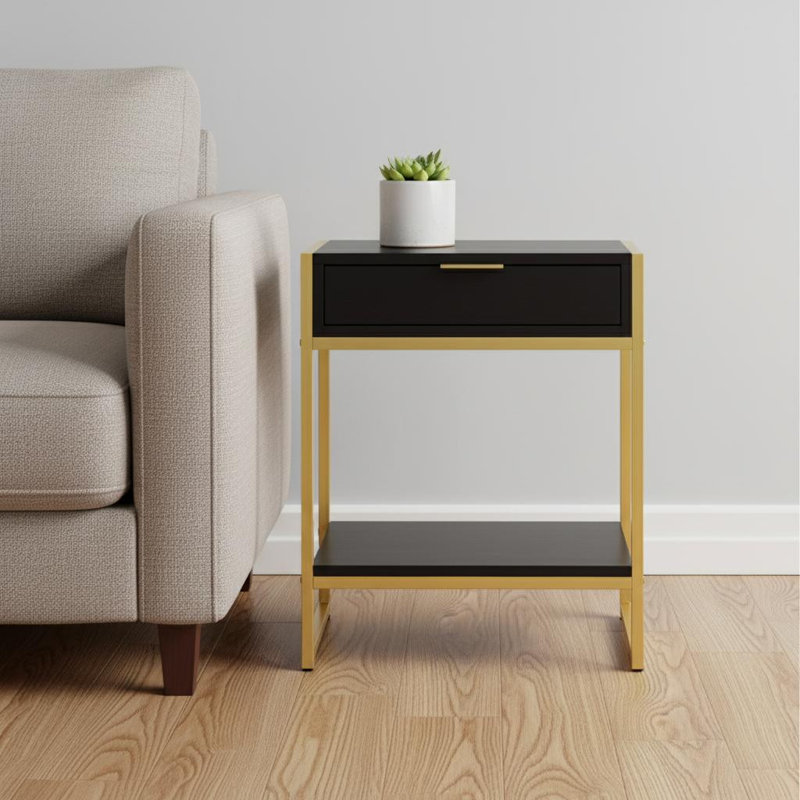  Table de bout transitionnelle en bois doré et brun foncé 24 po avec tiroir et tablette