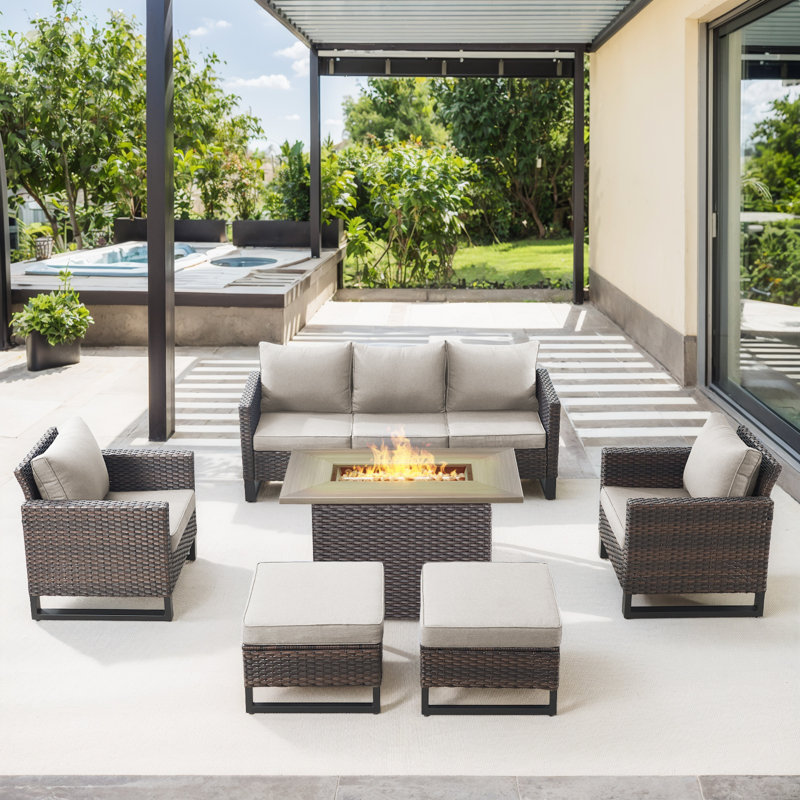 Nazime 5- Person Outdoor PE Wicker Patio Conversation Set with Fire Pit, Ottomans and Cushions, Beige, Brown
