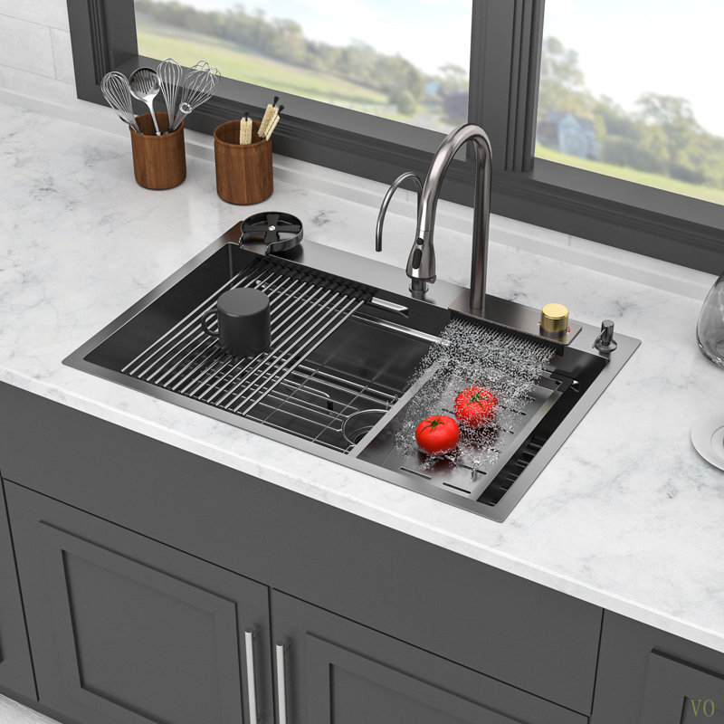 Drop In Waterfall Kitchen Sink - 33*22 Inch Single Bowl 16 Gauge Stainless Steel Ledge Workstation Kitchen Sinks With Pull-Out Faucet & Cup Washer