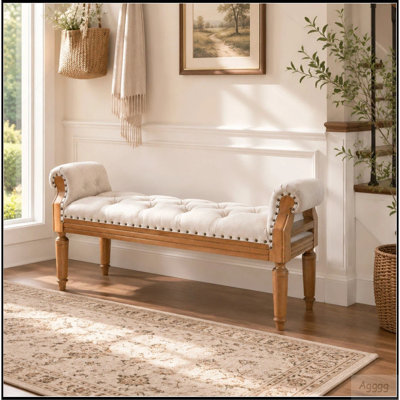 Banc rembourré en bois massif de style Mid-Century, banc de bout de lit avec accoudoirs roulés, repose-pieds capitonné classique avec garniture cloutée, banc de fenêtre pour chambre à coucher, vestibule, placard, gris