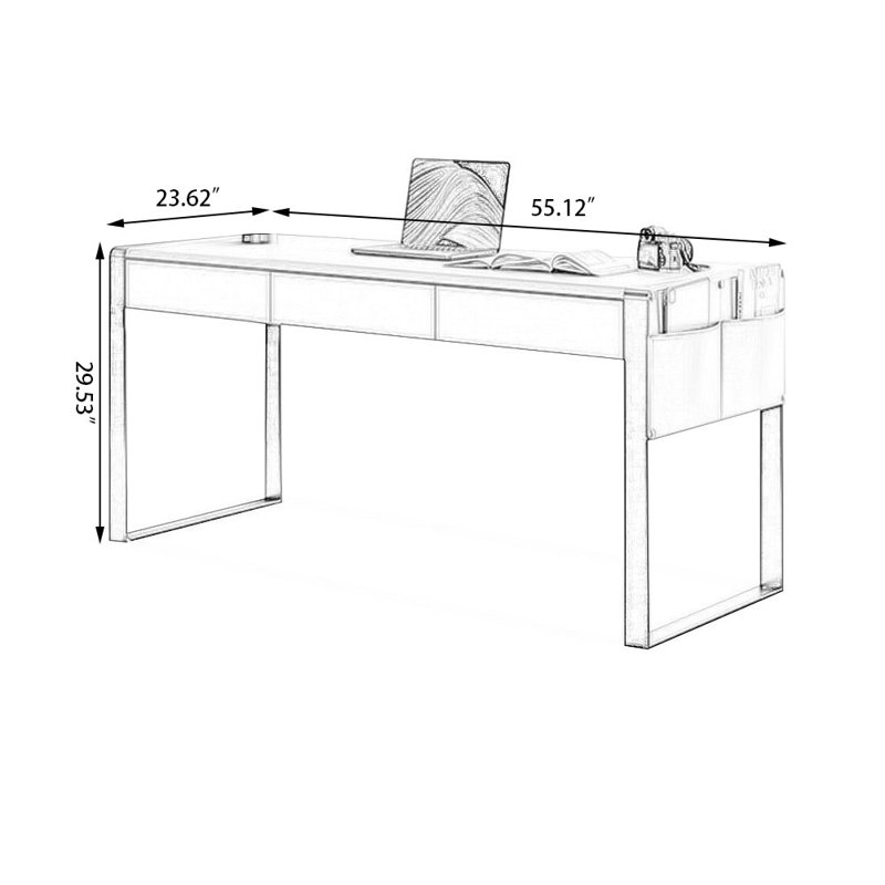 Bureau rectangulaire en bois manufacturé + acier + cuir avec 3 tiroirs, Beige, H 29,53 po x l 55,12 po x P 23,62 po