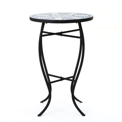 Delicate Outdoor Ceramic Tile Table: Blue And White With Matte Black Iron Fashionable End Table Ceramic: