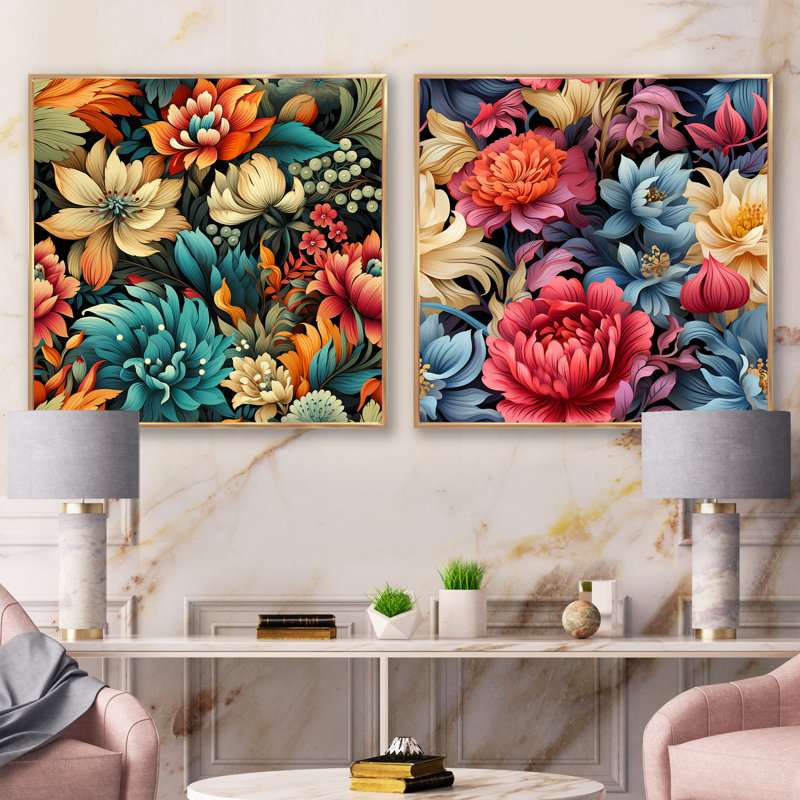 Matthias - Ensemble de 2 collages floraux carrés, Cadre flottant doré, H 36 po x l 73 po