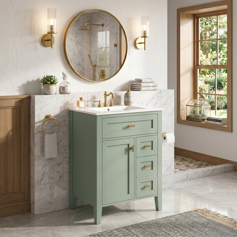 Ensemble de meuble-lavabo simple 24 po avec lavabo en céramique, structure en bois d'hévéa massif et support de rangement à 2 niveaux, tiroirs à fermeture en douceur et armoire