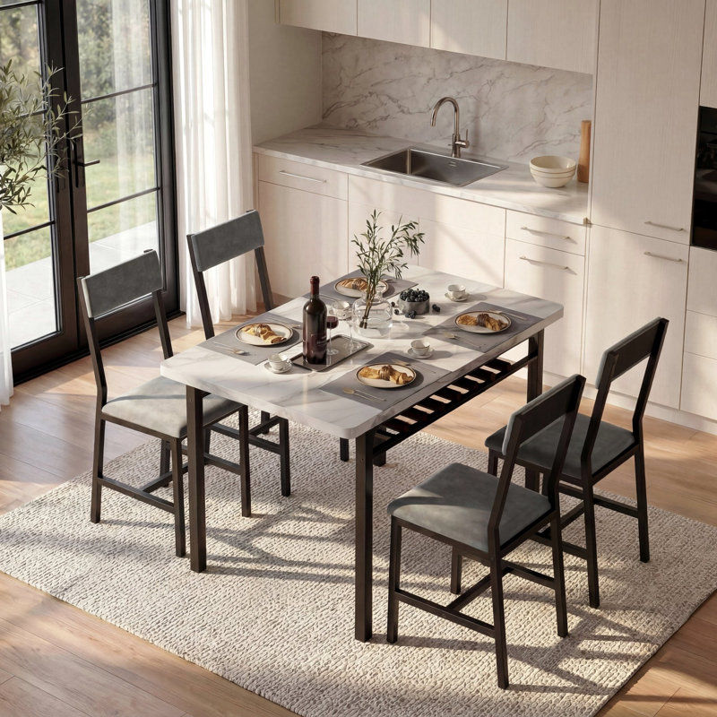 Modern Style 5-Piece Dining Table Set with Rectangular Faux Marble Top Dining Table and 4 Velvet Upholstered Dining Chairs, 4-Person Dining Set with Under-Table Storageerson Dining Set with Under-Table Storage