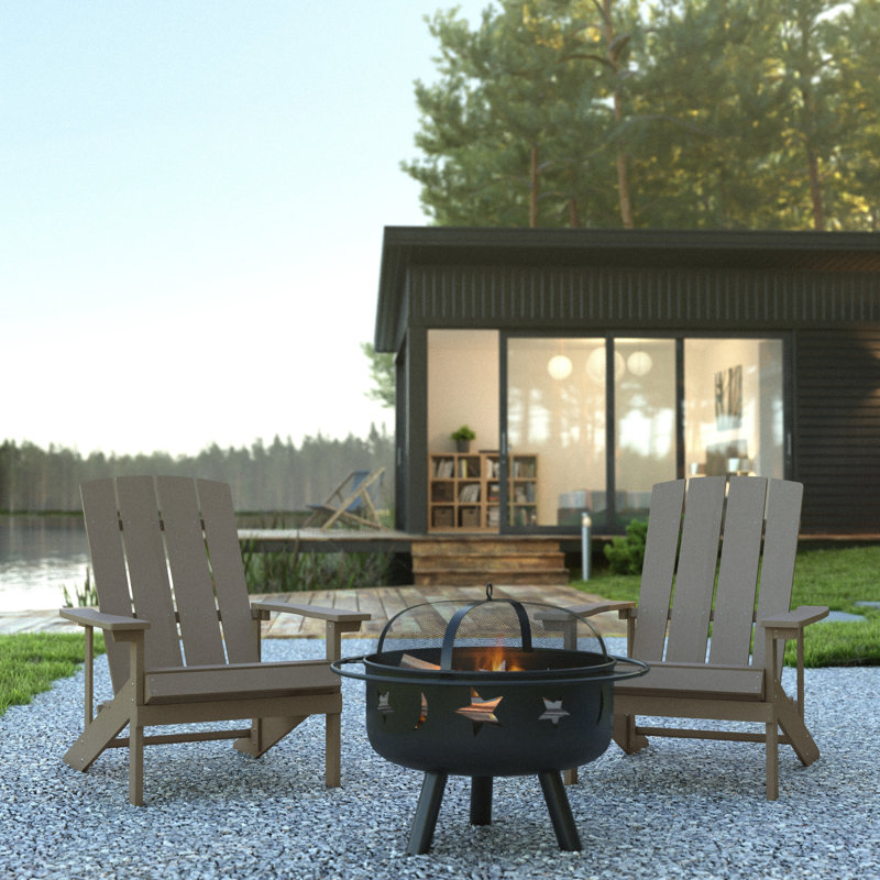 Foyer étoile et lune avec housse en filet et 2 chaises Adirondack en résine de polyester, Gris clair