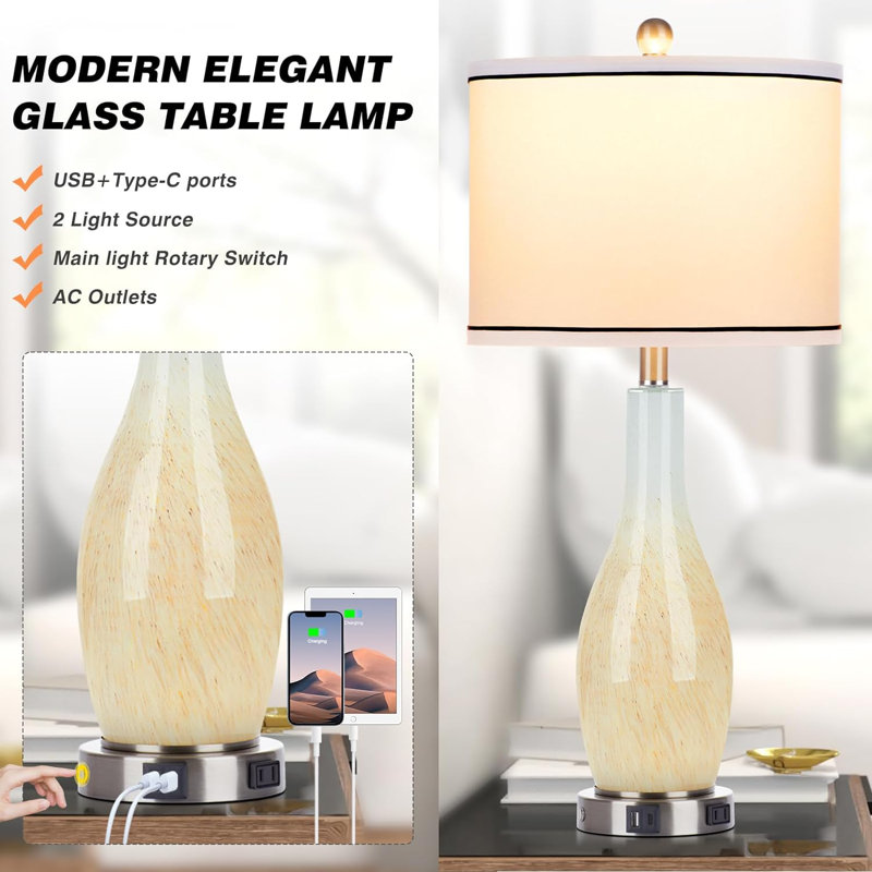27" Yellow Glass Table Lamp Set with USB Ports and Nightlight