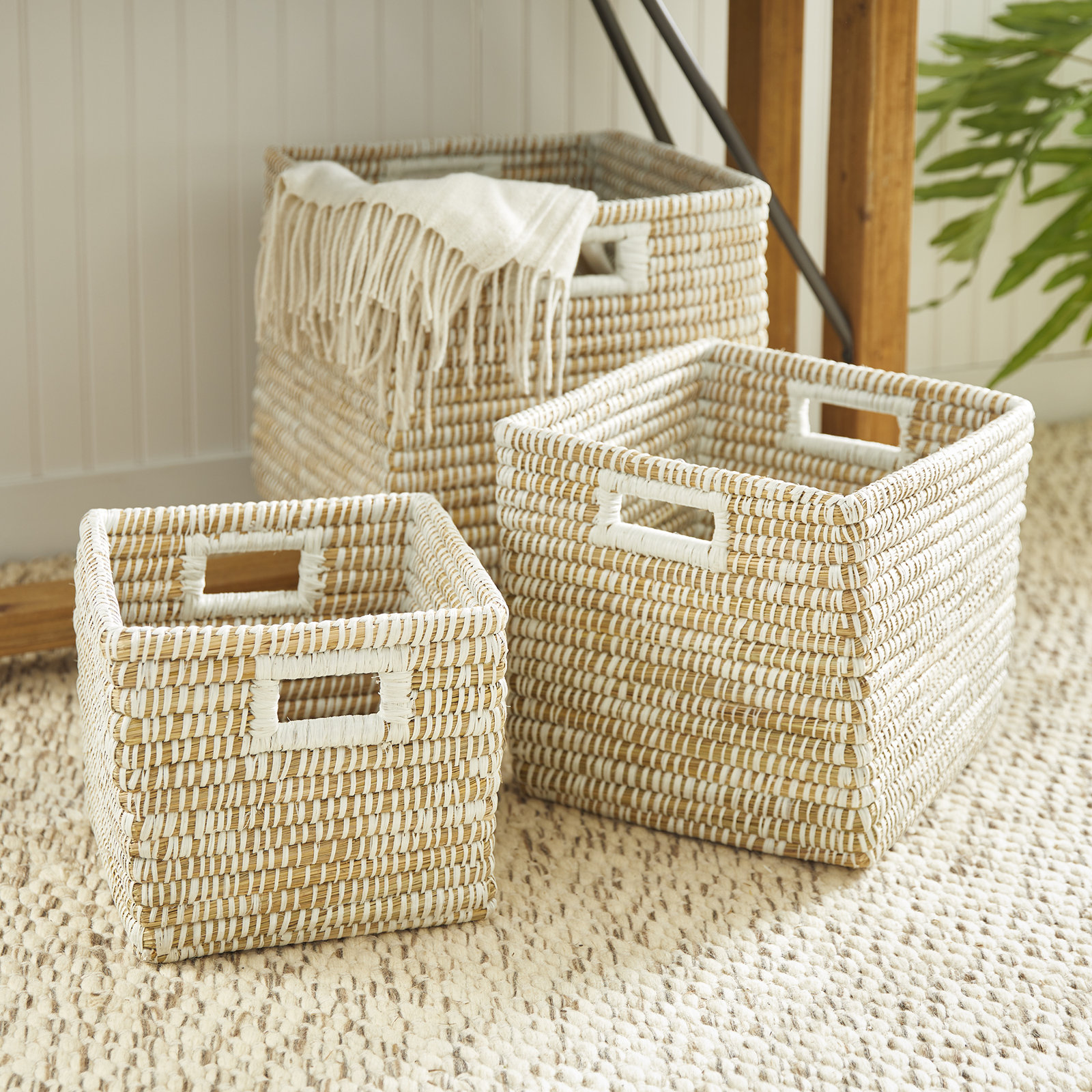 Vira Rivergrass Square Baskets with Handles in White, Set of 3
