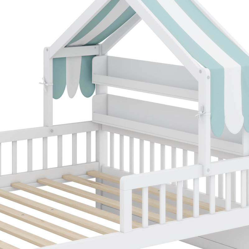Lit de maison en bois avec tablette de tête de lit, base de lit en forme de maison, Blanc