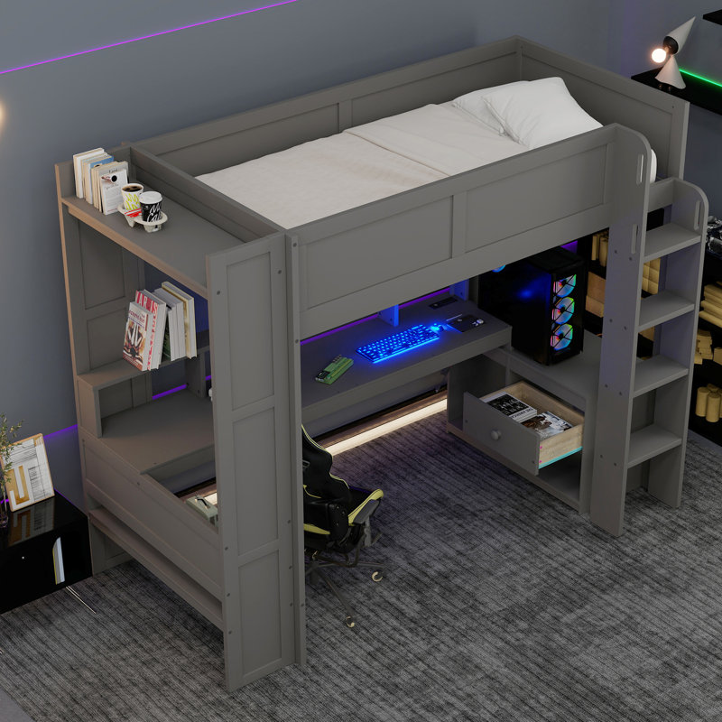 Lit mezzanine simple en bois avec bureau, rangement multiple, DEL, charge - gris foncé