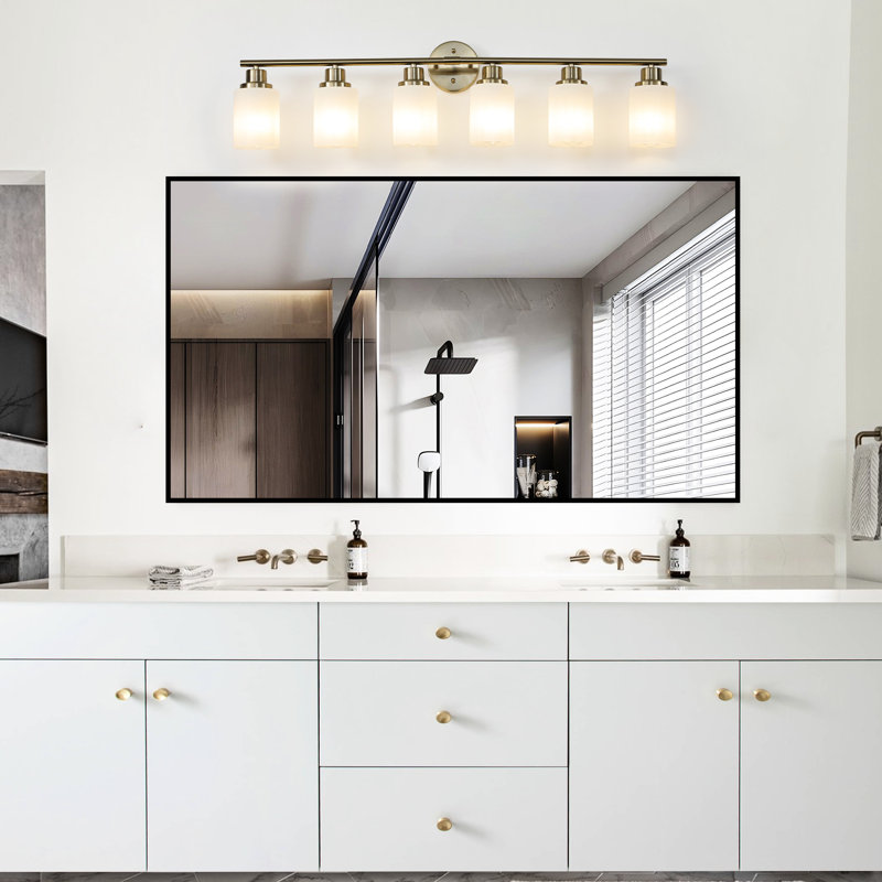 6- Bathroom Vanity , Golden, Frosted Glass Shades, Modern Wall Mounted Design Golden Glass, Fixture For Bath, 6 Lights, Gold