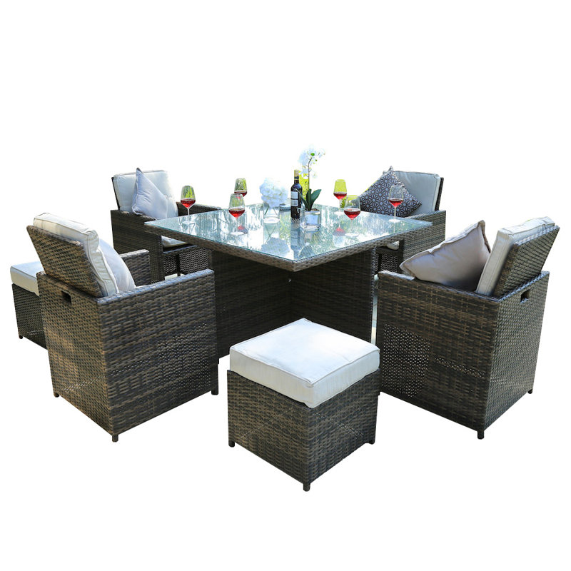 Kydon 8 - Person Patio Dining Set with Square Table , Cushions Included, Brown