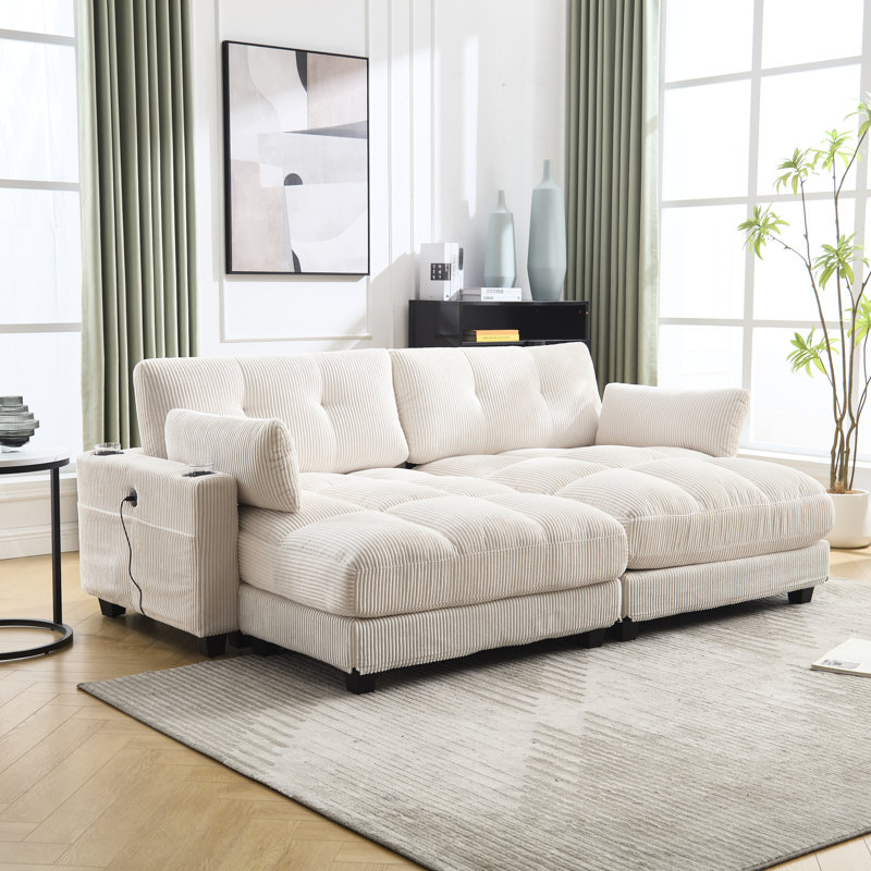 Lit confortable en velours côtelé avec porte-gobelet ajustable et fonctions pratiques surdimensionné beige avec accessoires d'accoudoirs mobiles
