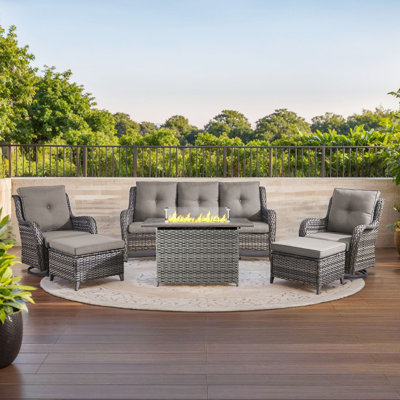 Wendye 6-Piece Outdoor Furniture Sofa Set With 2 Swivel Chairs, 2 Ottomans & 55K BTU Fire Pit Table