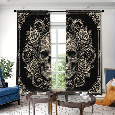 2PCS Gothic Skull Rose Ornament Pattern Thin Light Filtering Curtains with Dark Vintage Floral Scroll Design, Unique Halloween Decor, Easy Hang Rod Pocket, All-Season for Home Living Room Bedroom Study Decoration