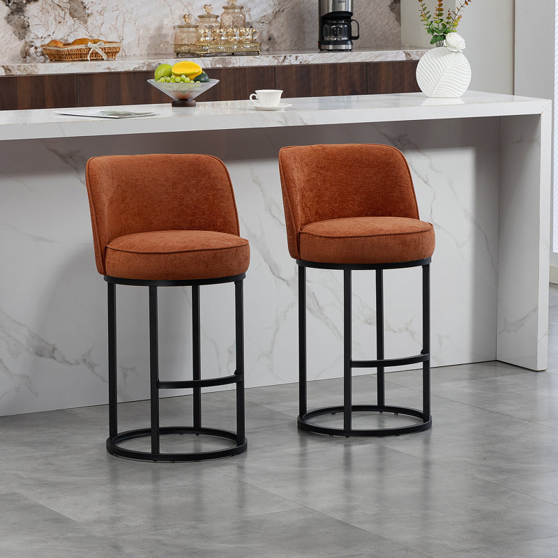 Ensemble de 2 tabourets de bar à hauteur de comptoir, conception de baril moderne avec dossier, tissu en lin revêtu pour îlot de cuisine