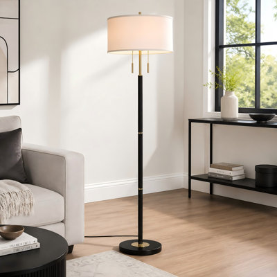 Black mid-century modern 2-light floor lamp with a fabric shade and pull-chain switch; includes 2X 3CCT bulbs for living rooms, bedrooms, offices, and