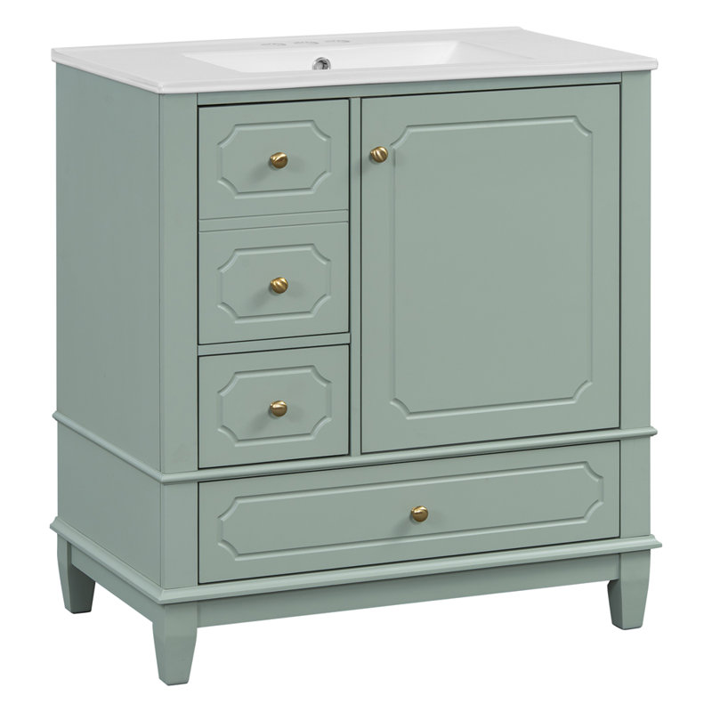 30" Bathroom Vanity with Sink, Soft-Close Door and 3 Drawers,, Light Green