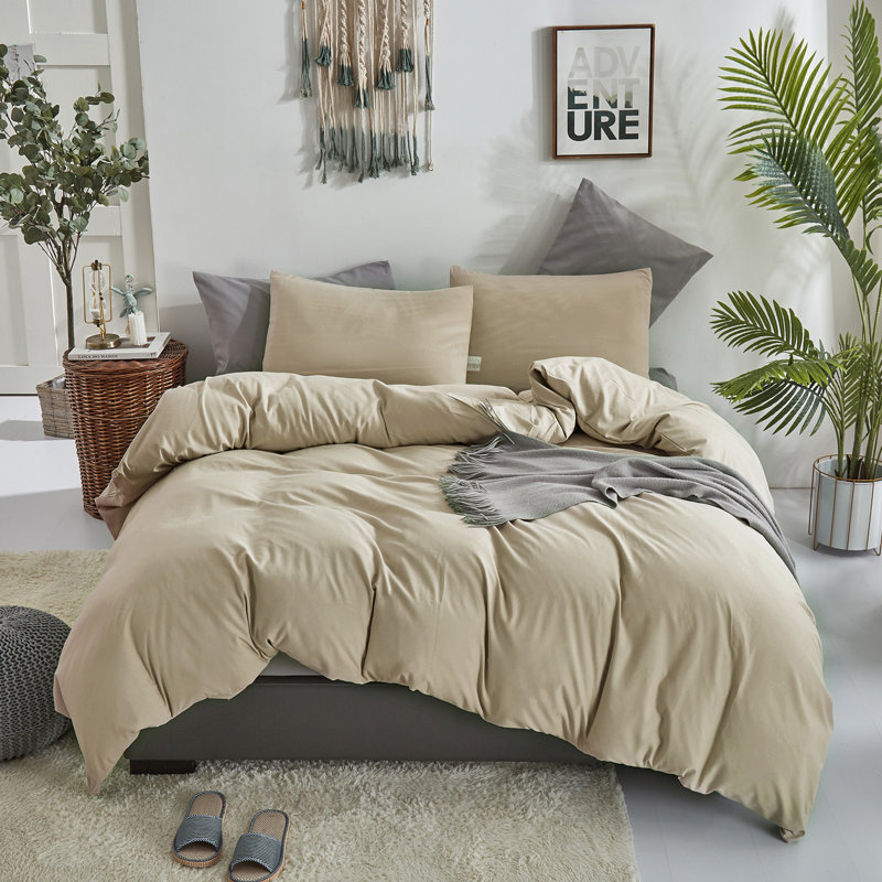 Solid Color Comforter Light Color 3 PCs Bedding Set Pure Color Bed Comforter Set, Champagne, King Comforter + 2 Pillowcases