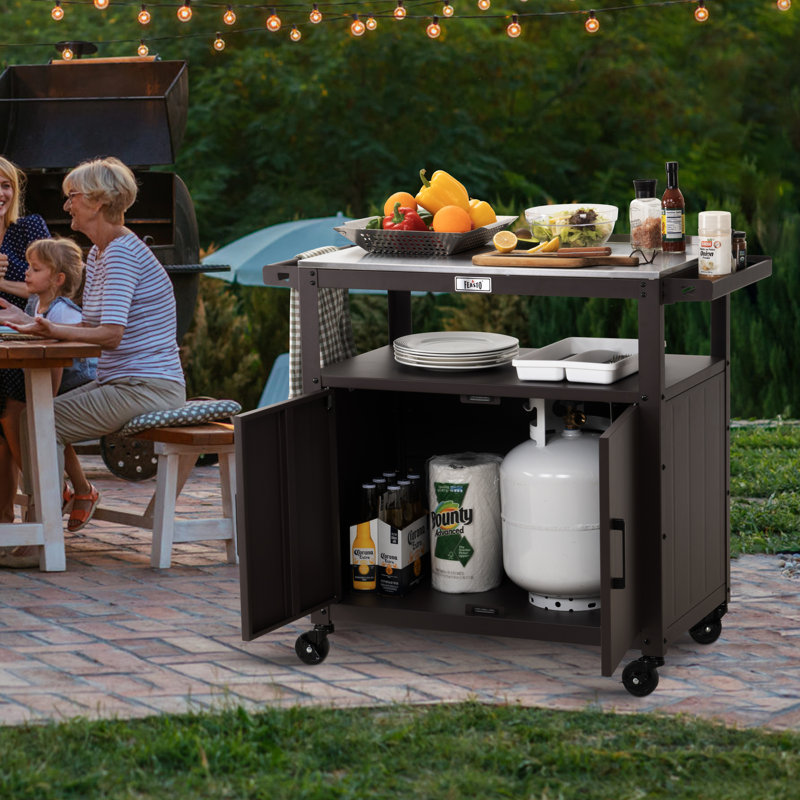 Brown Outdoor Grill Cart with Stainless Steel Tabletop and Storage Cabinet