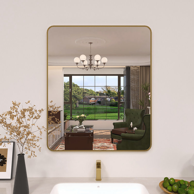 Lucha Gold Framed Wall Mounted Bathroom Vanity Mirror with Tempered Glass, Gold, 30" x 36"