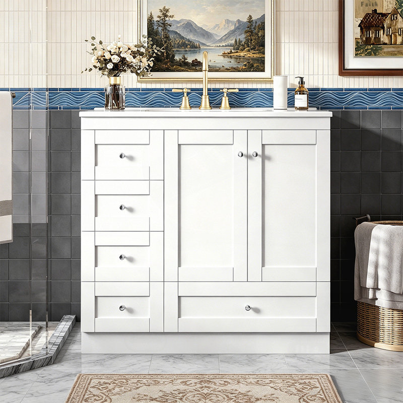 Meuble-lavabo autoportant de 36 po de style Shaker avec lavabo en céramique, tiroirs et portes à fermeture en douceur, conception peu encombrante