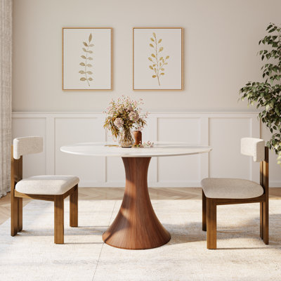 Mid-Century Modern Round Dining Table For 2-4 Stone Tabletop Solid Wood Pedestal Base