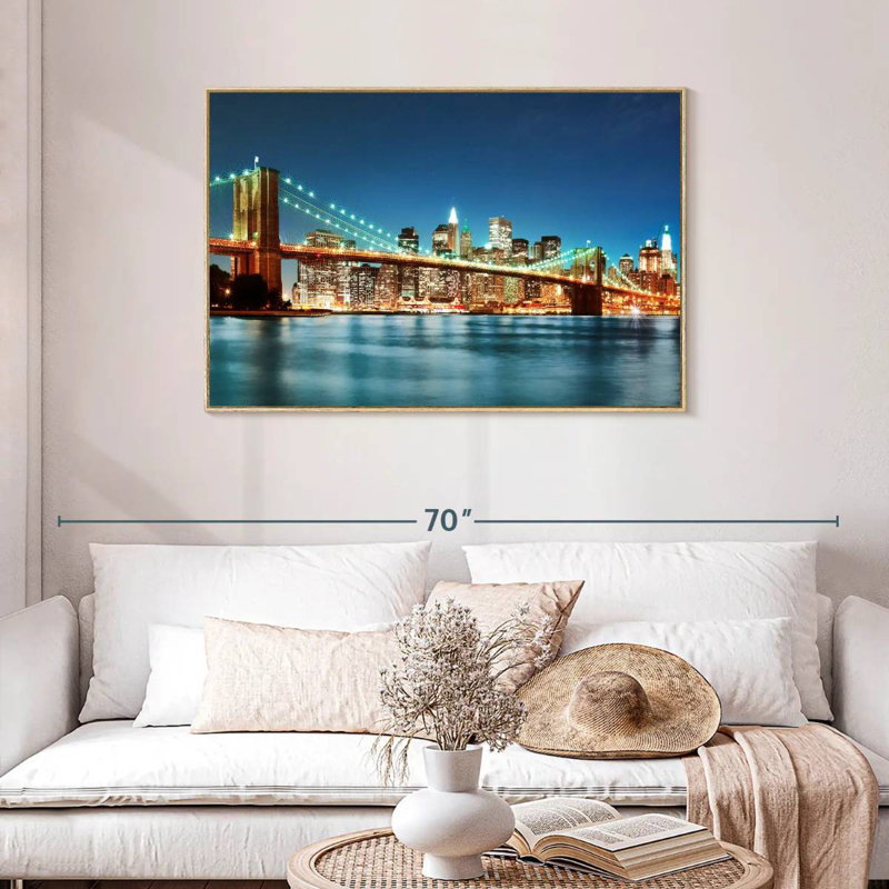 Luminous Brooklyn Bridge, Floating Frame Natural Wood, 43" X 29"