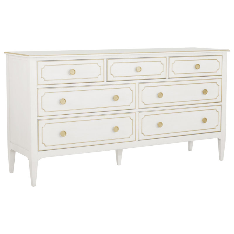 Camille 7 - Drawer Solid Wood Dresser, Linen/Antique Gold
